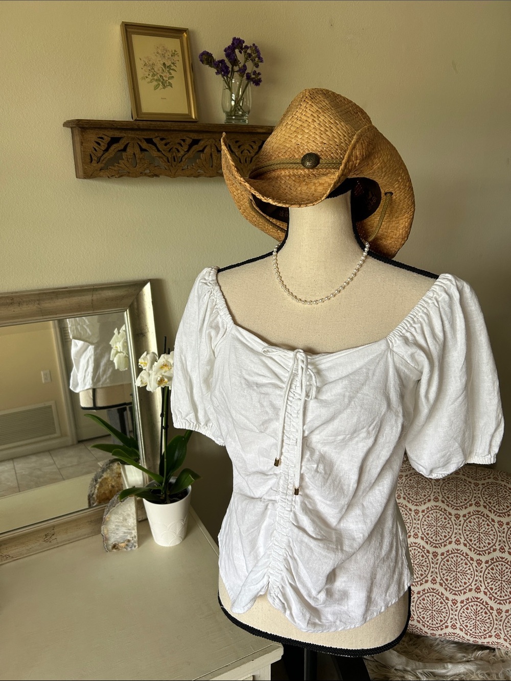 Michael Kors Women white Linen Puff Sleeve cottage western Blouse Top S